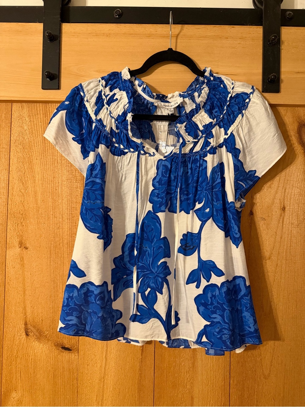 Rose & Olive White Blouse with Bold Royal Blue Floral Print NWT
